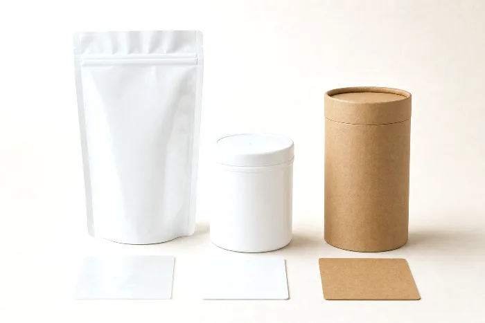 Translucent plastic pouch, natural plastic tub, and kraft paper canister, each with a small material swatch square in front.
