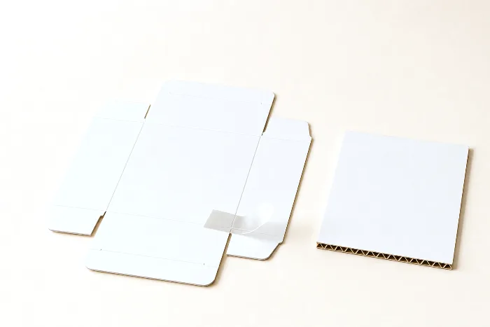 A blank die-cut folding-carton blank beside a cross-section of white-faced corrugated board with exposed flutes.