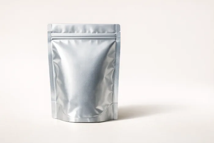 A blank metallized silver high-barrier stand-up pouch with a resealable zipper.
