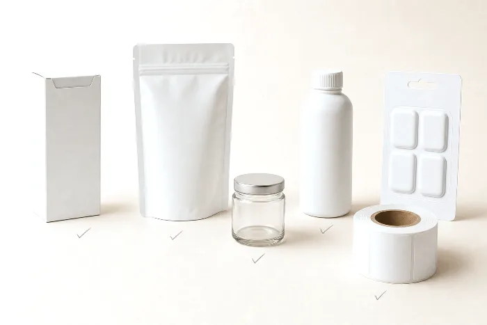 Six blank package formats laid out across warm off-white paper, each with a small pencil tick beside it.