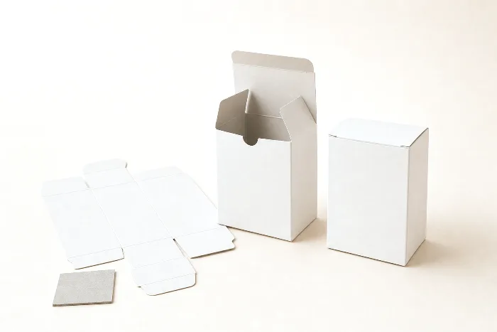 A flat die-cut carton blank, a half-folded blank, and a fully erected blank carton arranged left to right on seamless paper.
