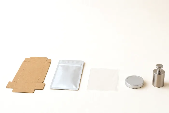 Flattened kraft carton, foil pouch, clear film square, and plastic cap in a sorted row beside a small steel calibration weight.