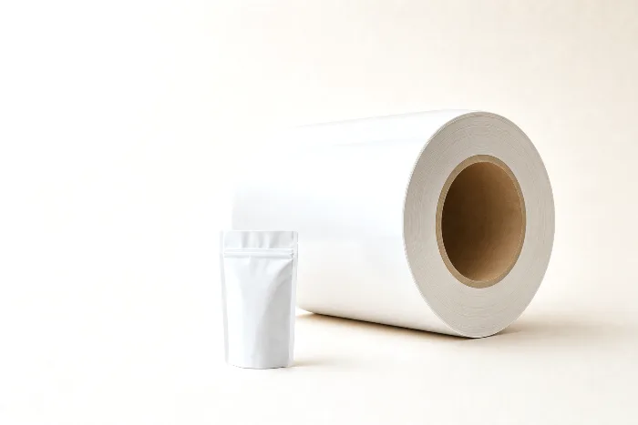 A small blank white stand-up pouch standing in front of a much larger roll of clear film wound on a kraft core.