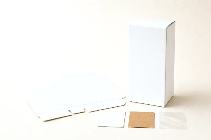 A blank white folding carton beside its flat die-cut blank, with three material swatch squares — white board, kraft, clear film — in front.