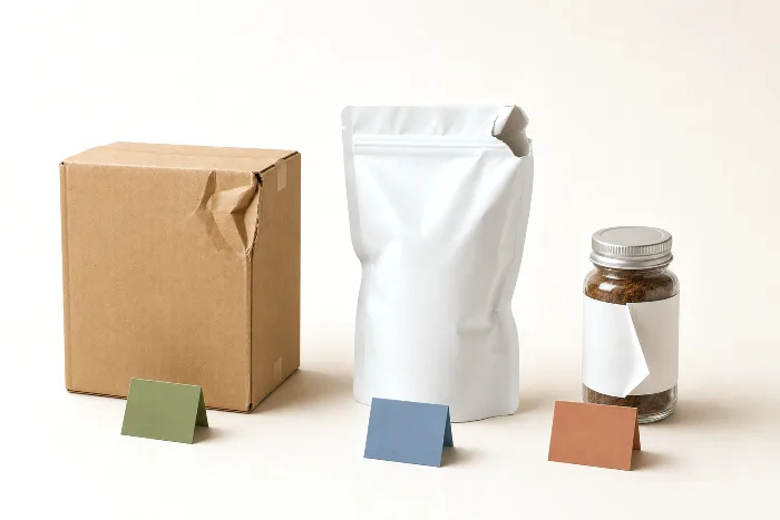 Three defective blank packages in a row: crushed box corner, slumped pouch with open seal, bottle with lifting label; color cards in front.