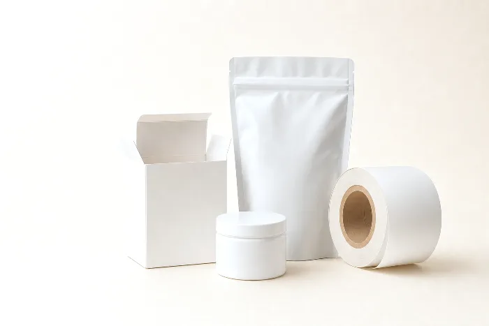 A blank white carton, stand-up pouch, white label roll on a kraft core, and small jar grouped together on warm paper.