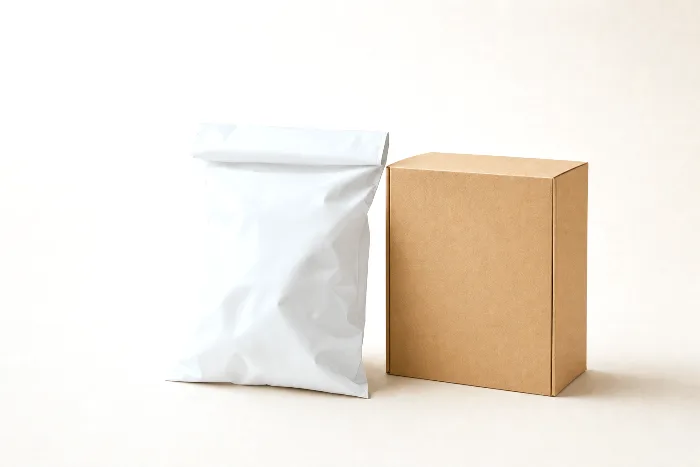 A slumped blank poly mailer beside a rigid plain kraft corrugated box, with a corner board leaning against the box.