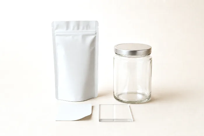A blank stand-up pouch facing an unlabeled glass jar, with a curling laminate swatch and a flat rigid swatch between them.