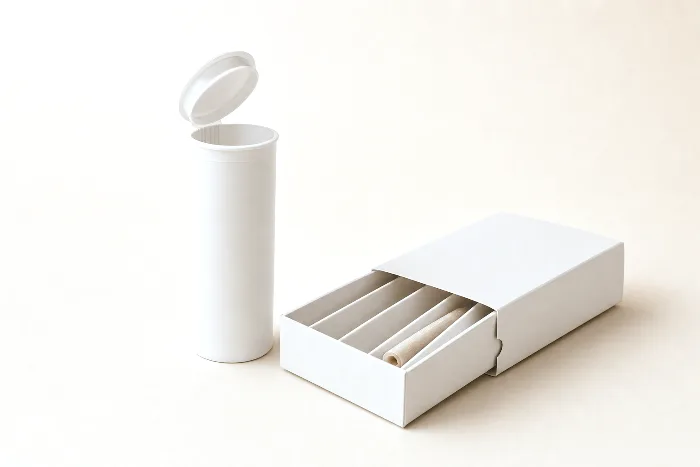 Blank pop-top tube with lid open, a slid-open blank multipack box with divider tray, and an empty paper cone lying in one channel.