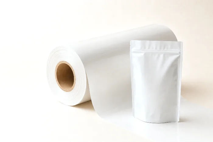 A large roll of blank laminate film on a kraft core with a strip unwound toward a single finished blank stand-up pouch.