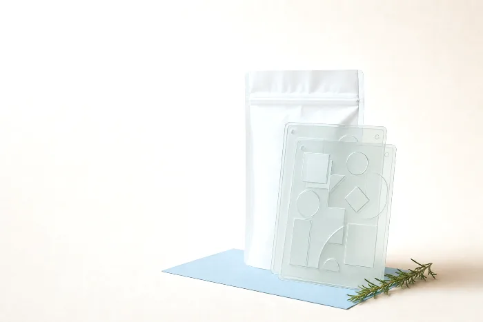 Two translucent flexo printing plates stacked slightly offset, their relief catching the light, leaning against a blank white pouch.