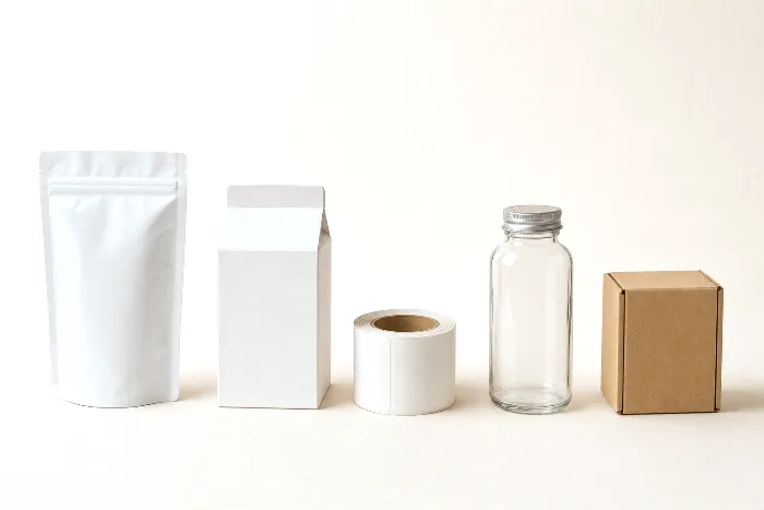 Five blank packaging formats in a row: stand-up pouch, folding carton, label roll, glass bottle, and small corrugated box.