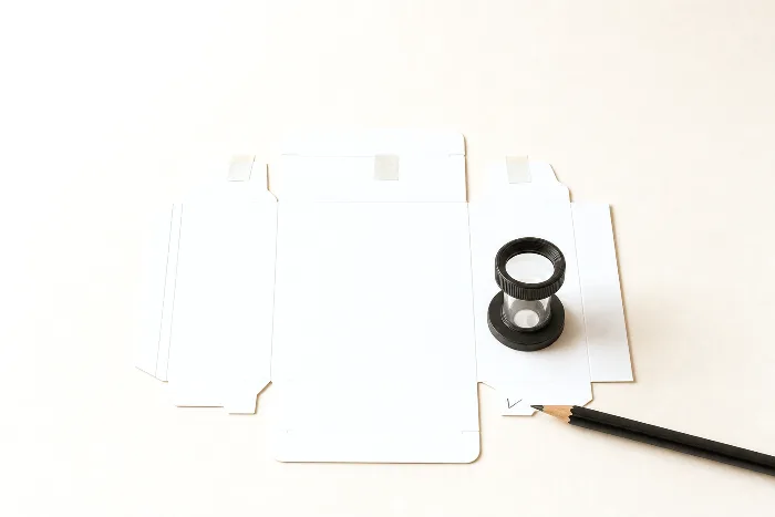 Blank die-cut carton laid flat with a printer's loupe on it, translucent tape tabs along the edge, and a pencil beside a tick mark.