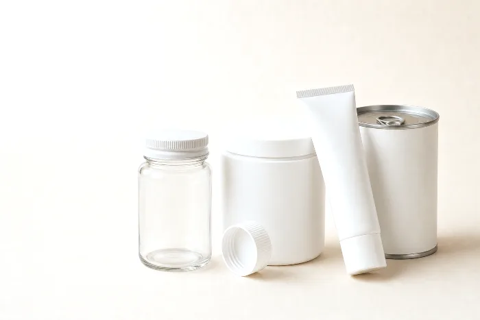 A blank bottle, jar, squeeze tube, and aluminum can in a staggered group, with a single white screw cap lying in front.