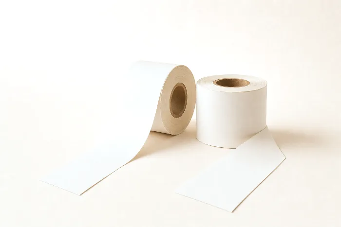 Two blank label rolls with webs unwound in opposite directions, one over the top and one from underneath, ribbons crossing the table.