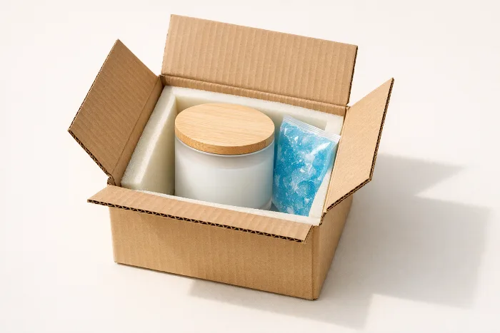A blank frosted-glass candle jar with a wooden lid packed in a corrugated box with a foam insert and a blue gel ice pack.