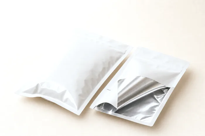 Inflated blank pillow bag beside a cut-open bag folded back to show its silver metallized interior, on warm paper.