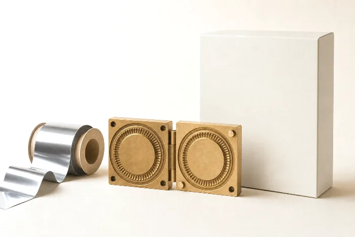 Brass embossing die pair, a spool of silver stamping foil, and a blank matte carton on warm paper.
