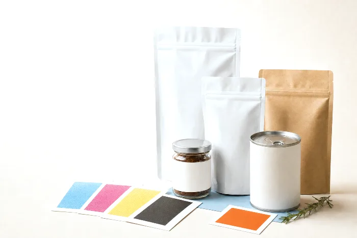 Five ink drawdown cards fanned on warm paper: cyan, magenta, yellow, and black tint pulls beside one solid orange drawdown.