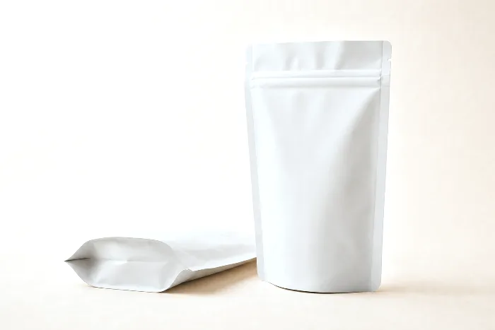A filled-looking blank white pouch standing beside an identical flat empty pouch, with two pencil ticks marking its base width.