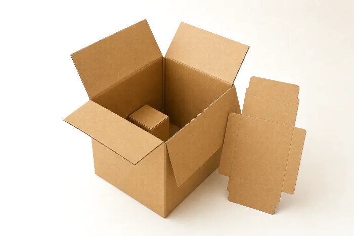 Open corrugated shipping box with a small kraft cube inside surrounded by empty space, and a flat mailer blank leaning against it.