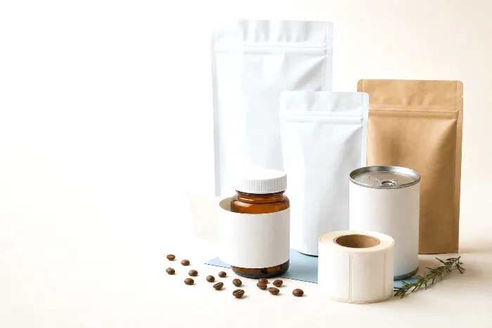 Blank white label half-wrapped around an amber bottle with its free end lifting, next to a roll of blank labels on a kraft core.