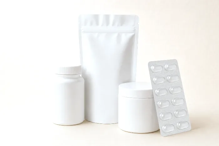 Blank white bottle, matte stand-up pouch, wide-mouth jar, and clear blister sheet grouped together on warm paper.