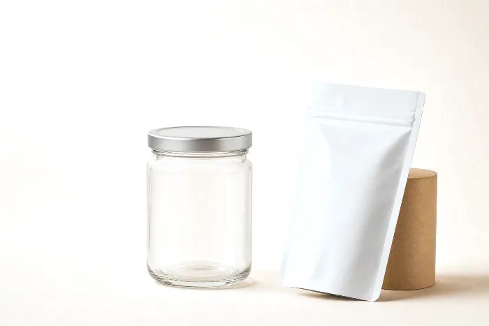 Heavy blank glass jar beside a lightweight blank refill pouch leaning against a kraft core, on warm paper.