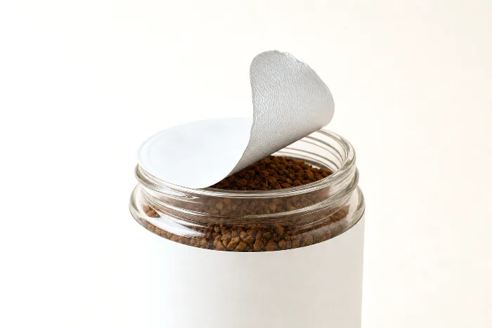 White jar with its foil induction seal peeled halfway back, cap and torn shrink band lying beside it.