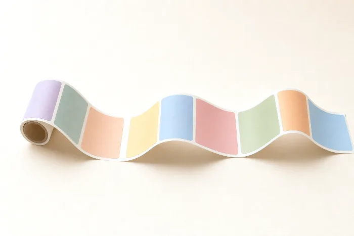 S-curved strip of label liner carrying a row of blank labels, each a different solid pastel color, no two the same.