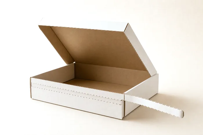 Blank corrugated tray with a perforated tear strip pulled partway around its corner, the lid lifting along a clean perforation line.