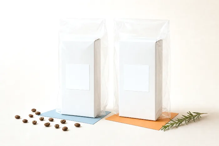 Two identical blank cartons sealed in clear poly bags with blank label squares, one beside a blue paper card, one beside an orange card.