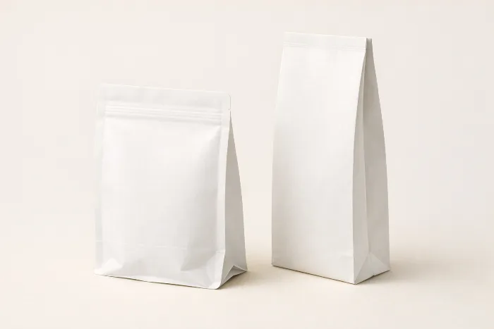 Una bolsa stand-up en blanco con un fuelle de fondo plegado junto a una bolsa más alta con fuelles laterales plegados.