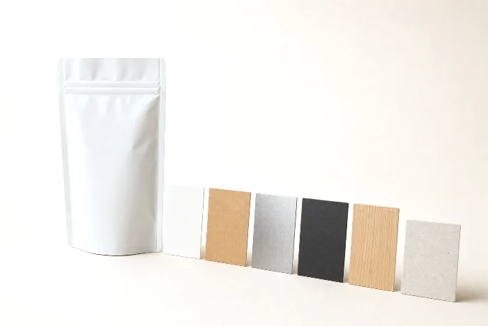 A blank stand-up pouch on warm paper with six small material swatch squares standing upright in an evenly spaced row beside it.
