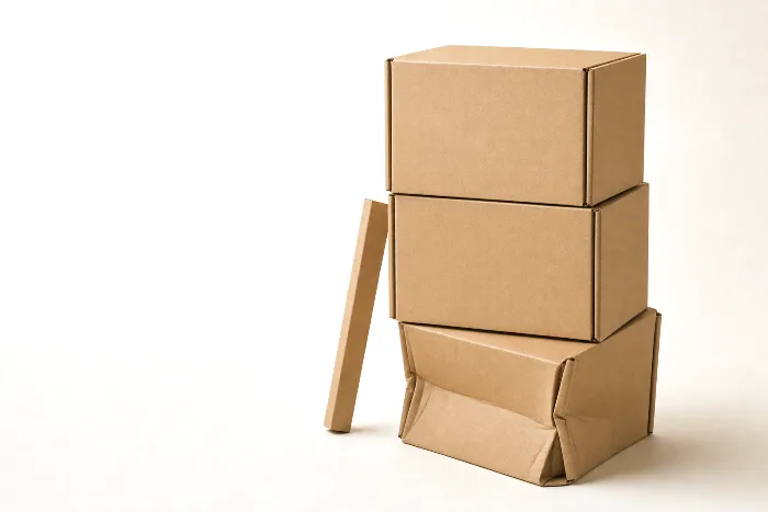 Stack of three blank kraft boxes leaning as the bottom box's corner buckles inward; a strip of corner board leans nearby.