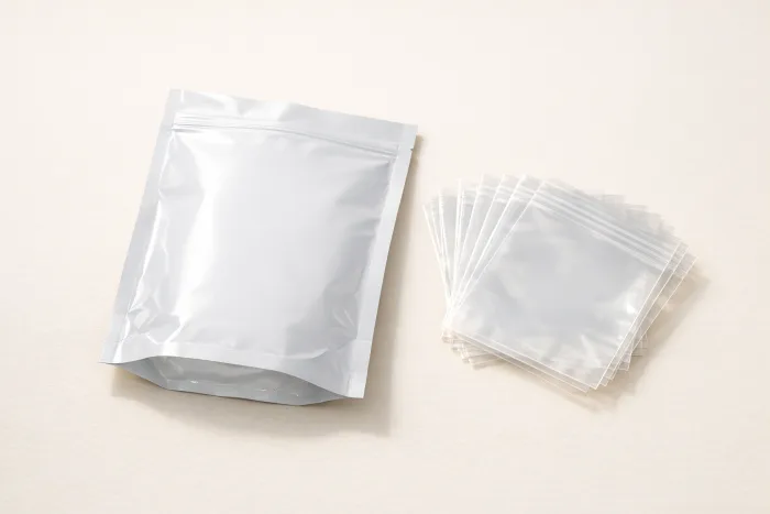 A blank glossy laminated pouch beside a fanned stack of clear poly bags — fresh flexible packaging.