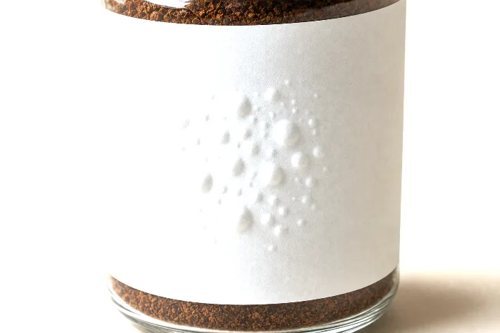 Close-up of a blank white label on a clear plastic jar, its center raised in air blisters while the edges lie flat.