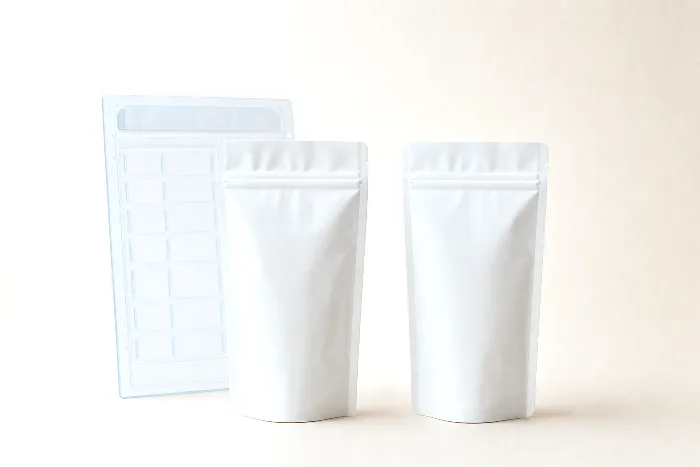 Two identical blank stand-up pouches on warm paper; a translucent flexo printing plate leans behind the left pouch only.