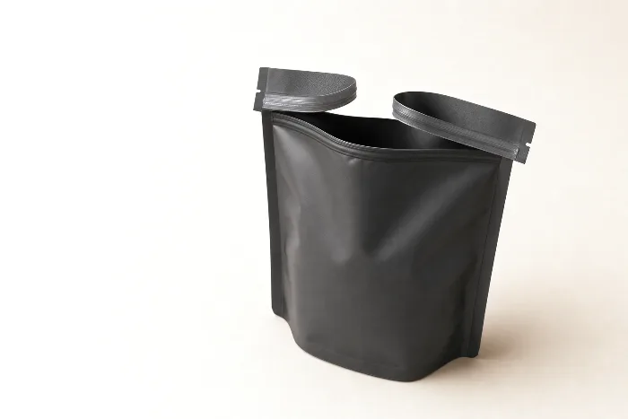 Blank dark stand-up pouch with its top seal peeled open, the two seal flanges curling apart at a gaping corner.