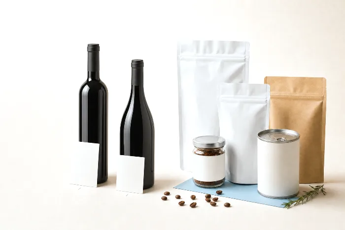 Two bare wine bottles of different shapes with blank white labels of different sizes leaning against their bases.