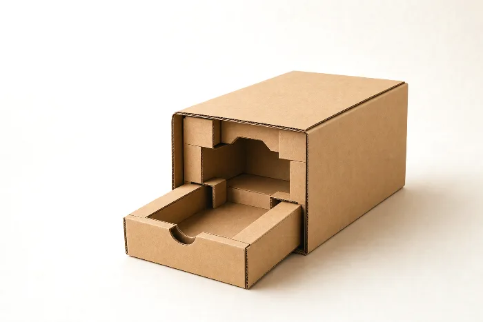 Blank kraft corrugated box with a die-cut insert pulled halfway out, revealing an empty product cavity, on warm off-white paper.