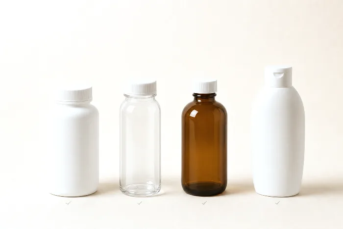 Four blank unlabeled bottles in a row: white plastic packer, clear bullet, amber glass Boston round, and white oval bottle.