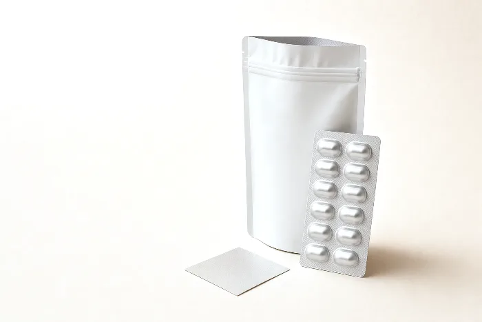Blank stand-up pouch with child-resistant zipper open at top, an empty thermoformed blister card, and one material swatch square.