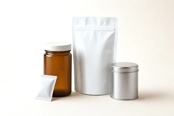 Blank amber glass jar, blank mylar stand-up pouch, and blank metal tin in a row with a small white humidity sachet leaning on the jar.