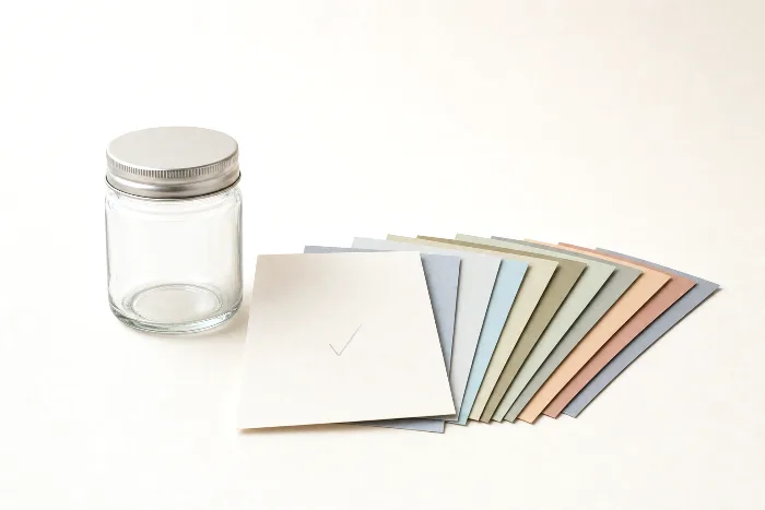 Blank glass jar with child-resistant cap beside a spread fan of blank label-sized paper cards in different muted colors.