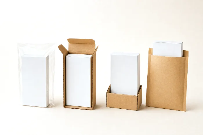 Four identical blank white cartons in a row: one in a clear poly bag, one in a kraft box, one in a corrugated tray, one in a kraft mailer.
