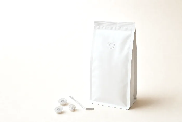 Blank flat-bottom coffee bag with a round degassing valve, three loose valve fittings and a bent tin-tie strip beside it.