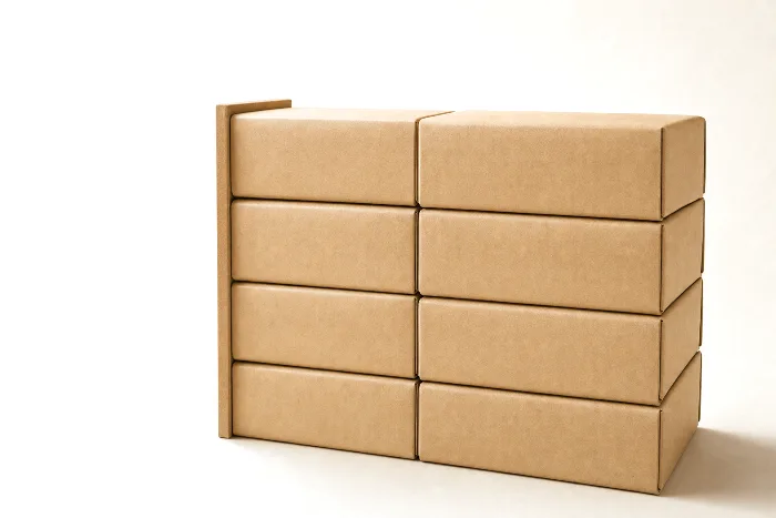 Blank kraft corrugated cases stacked three layers high with flush edges and a corner board pressed on the front vertical corner.