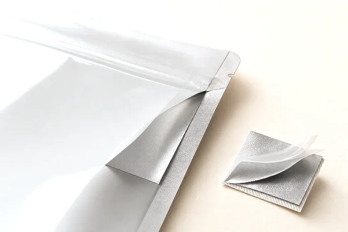 Corner of a blank silver laminate pouch with the clear outer film peeling away from the foil layer; a fanned laminate swatch beside it.