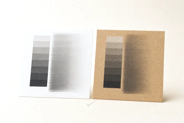 Two ink drawdown cards with grey tint bars, one on coated stock and one on kraft, the kraft card darker, with a pencil tick beside them.